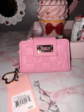 Juicy Couture Pink Quilted Mini Wallet with Heart Keyring “Miss Independent”